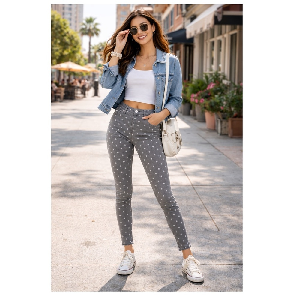 XHILIRATION Grey White Polka Dot Stretch Skinny Jeans Sz 10/ L / Jr‎ 11 Y2K